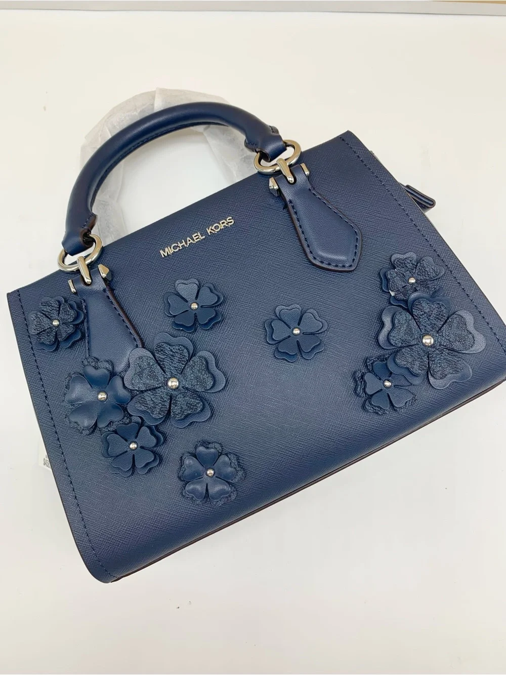 Michael Kors Marilyn Navy Floral Applique Satchel - Picture 15 of 15